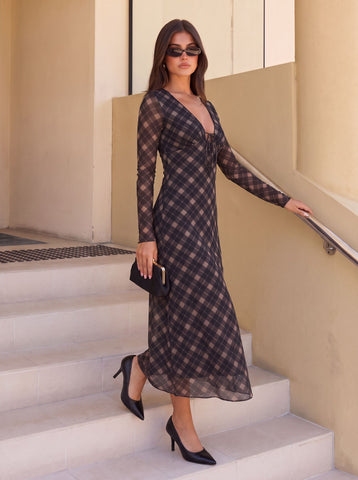 Sheer Plaid Long Sleeve Midi Dress
