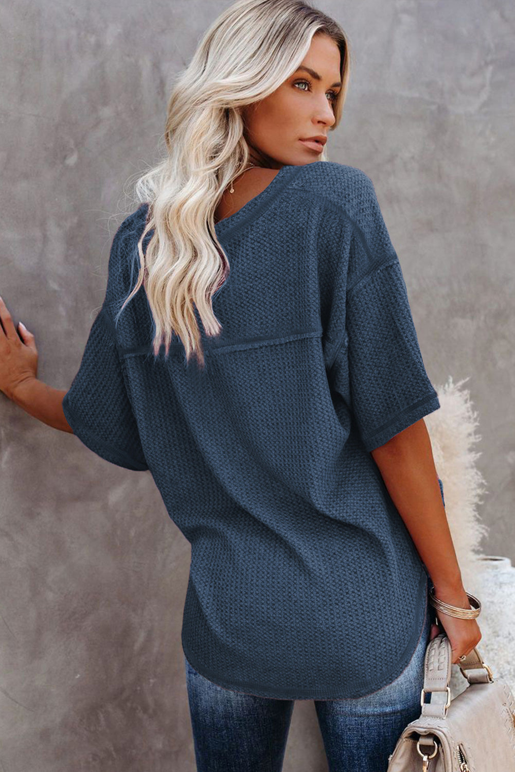 Casual V Neck Waffle Knit Tee