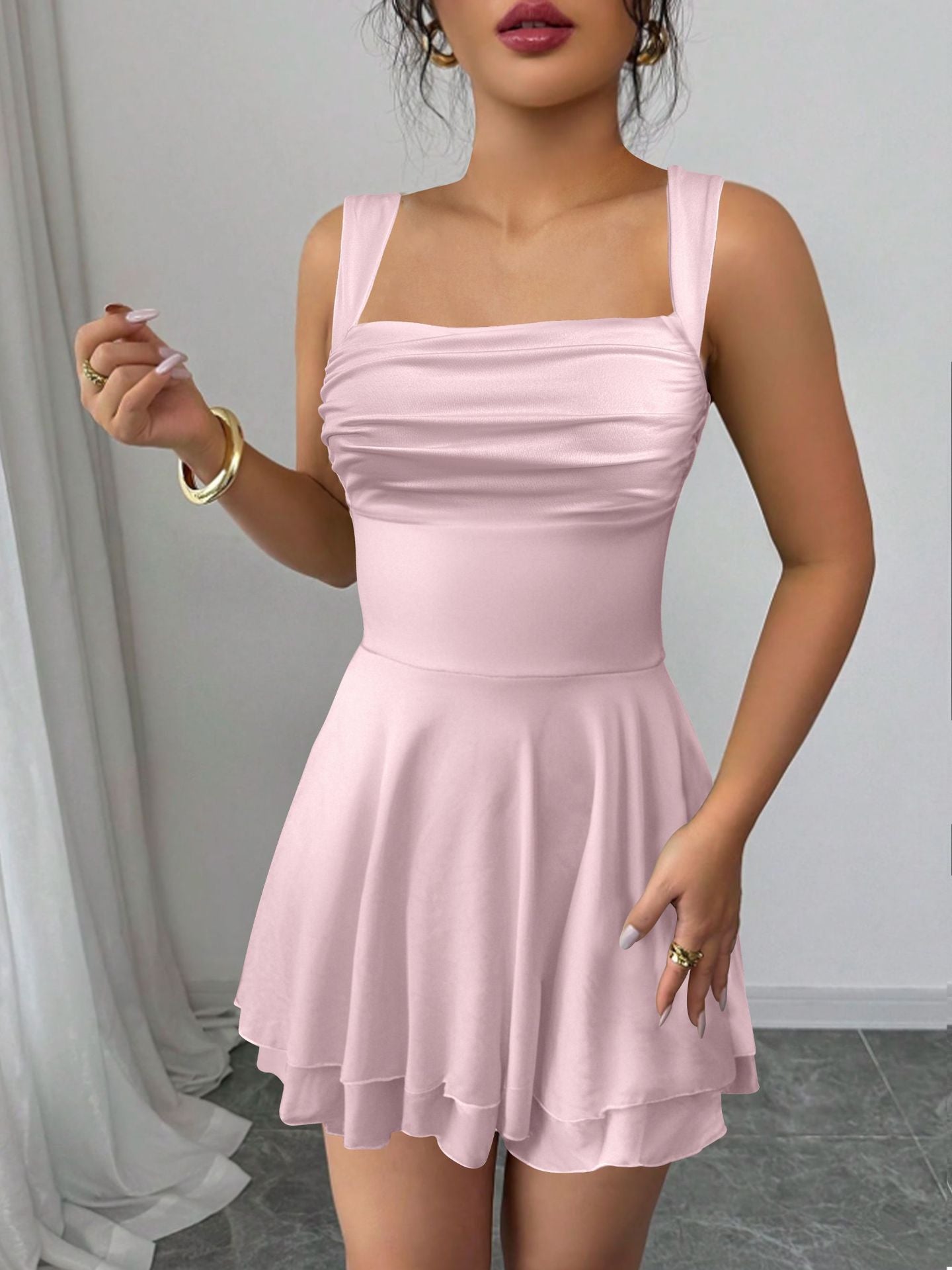 Square Neck Tiered-Skirt Sweet Mini Dress