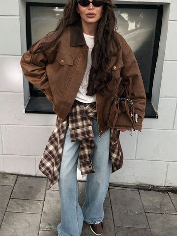 Brown Suede Ribbed Collar Jacket