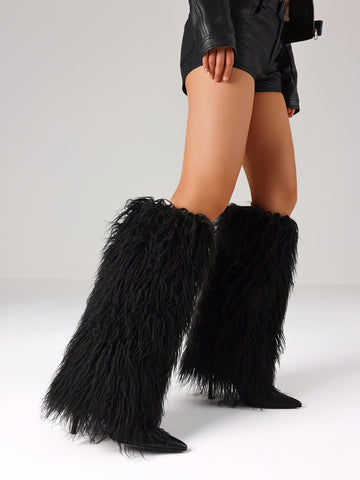 Furry Overlay Pointed-Toe Knee-High Edgy Boots-Black