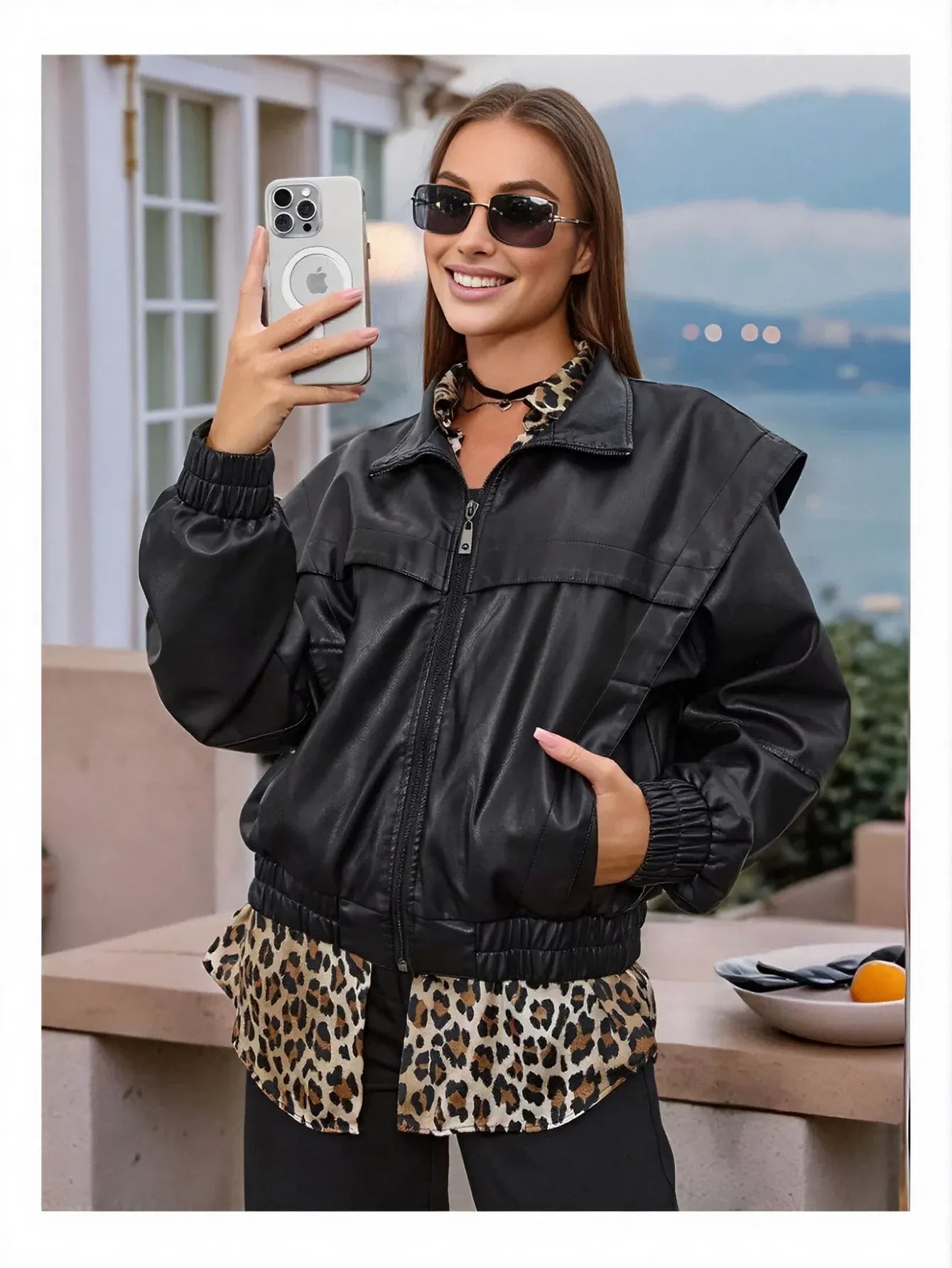 Oversized Faux Leather Bomber Jacket