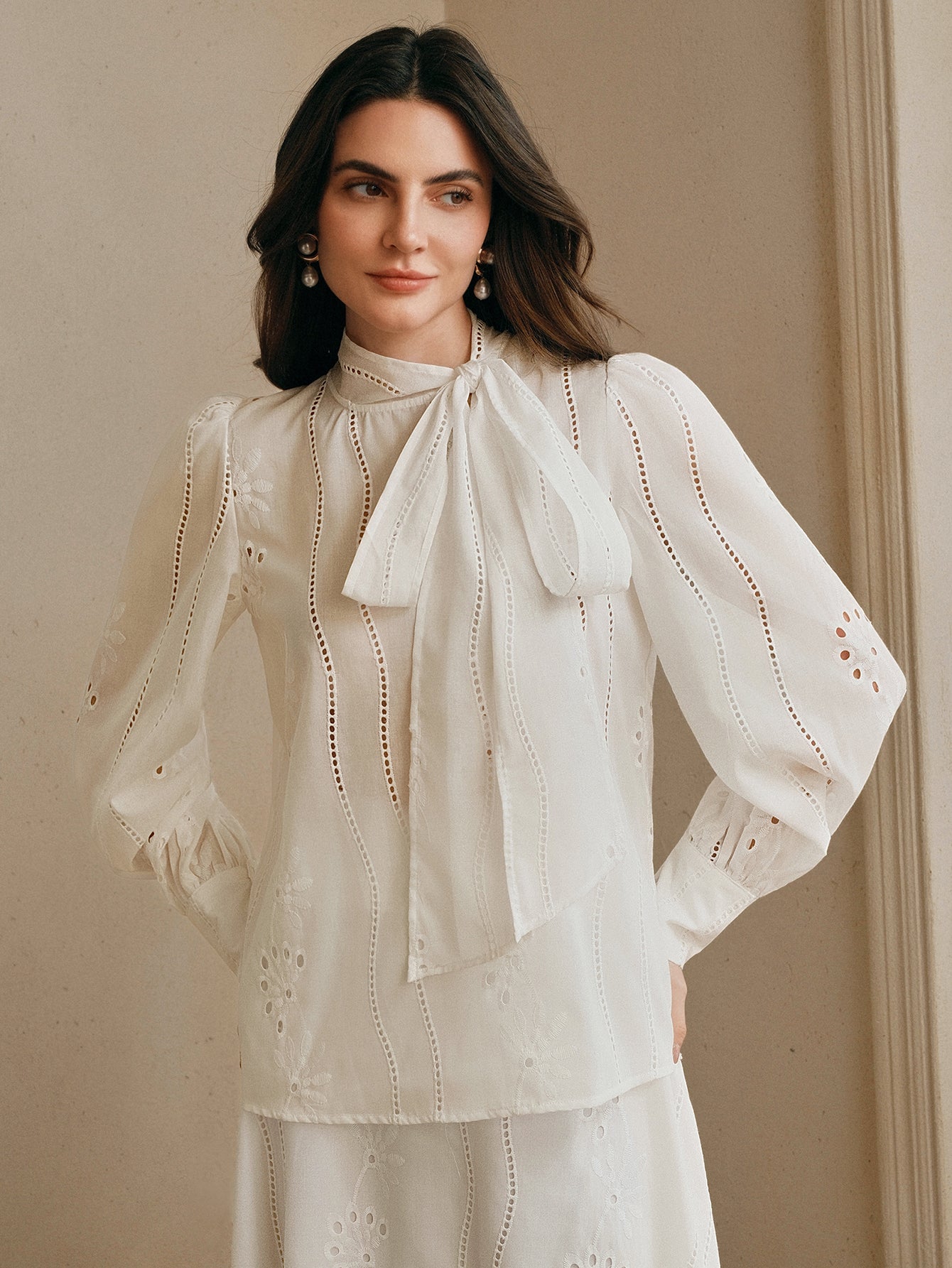 Elegant Embroidered Tie Neck Blouse