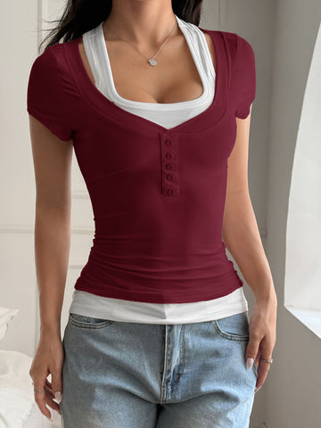 Layered Look Button Detail T-Shirt