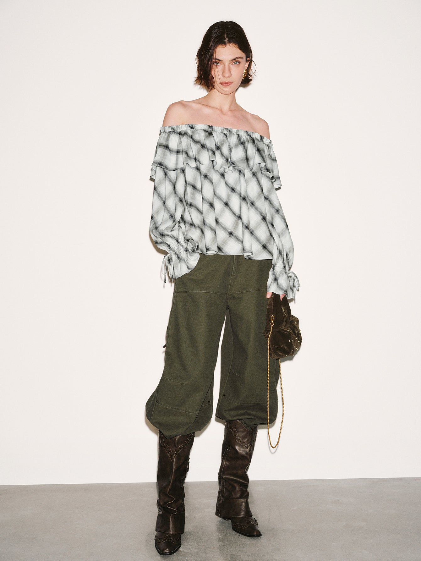 Urban Revivo Off Shoulder Ruffle Detail Contrast Check Overhead Shirts-Light dark gray check