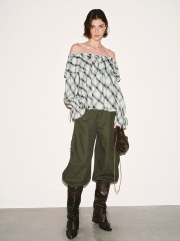 Urban Revivo Off Shoulder Ruffle Detail Contrast Check Overhead Shirts-Light dark gray check