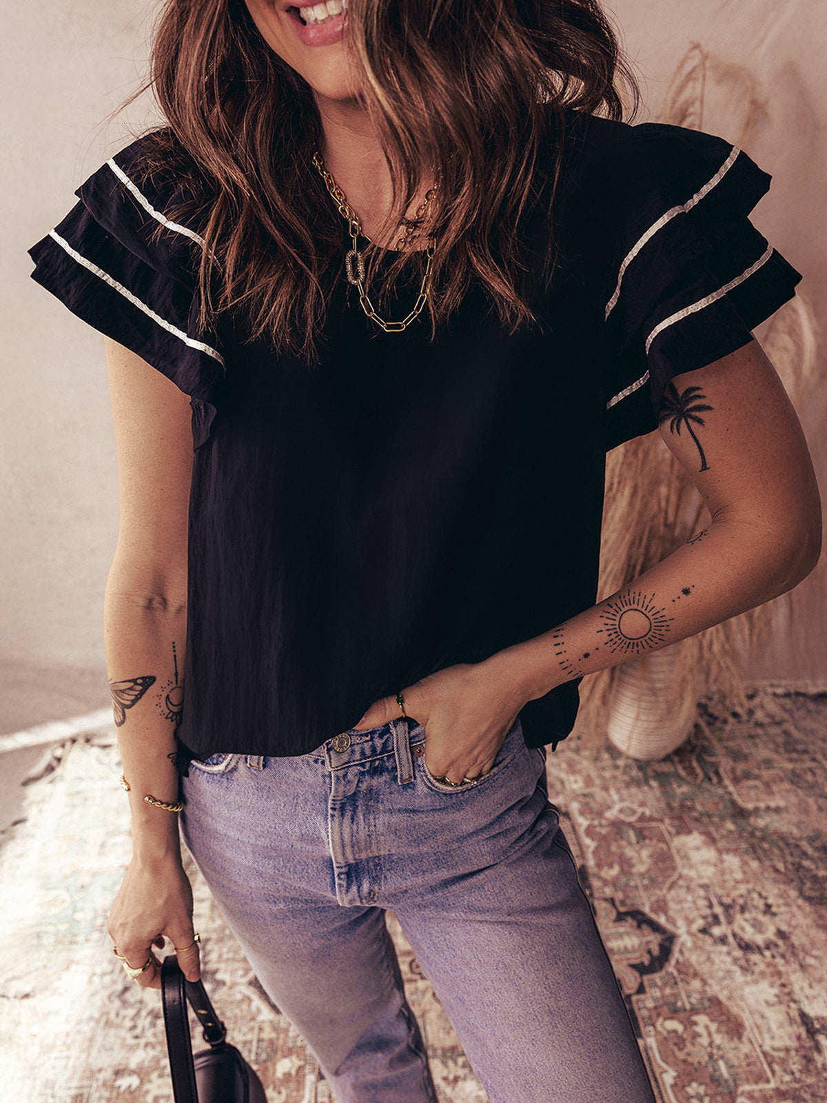 Ruffle Sleeve Black Feminine T-Shirt