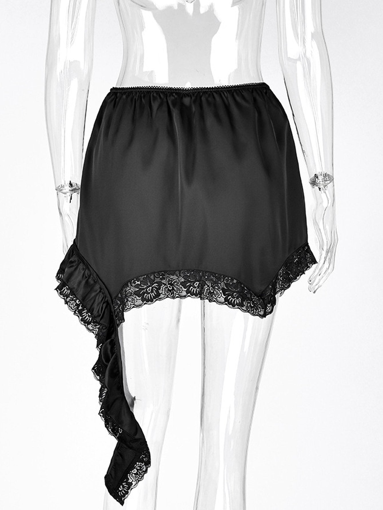 Satin Lace Trim Asymmetric Mini Skirt
