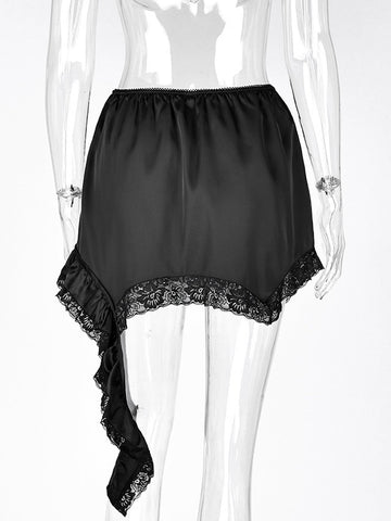 Satin Lace Trim Asymmetric Mini Skirt