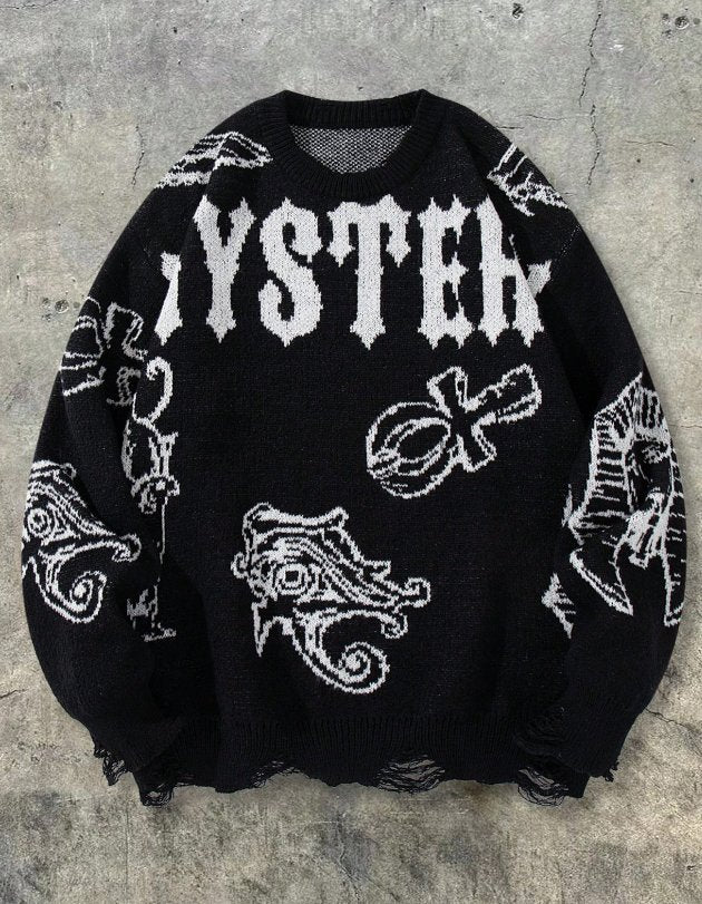 Oversized Graphic Distressed Knit Sweater
