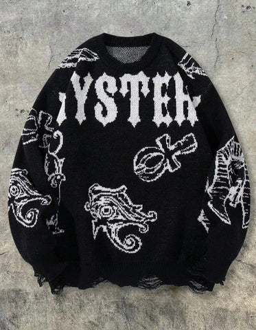 Oversized Graphic Distressed Knit Sweater