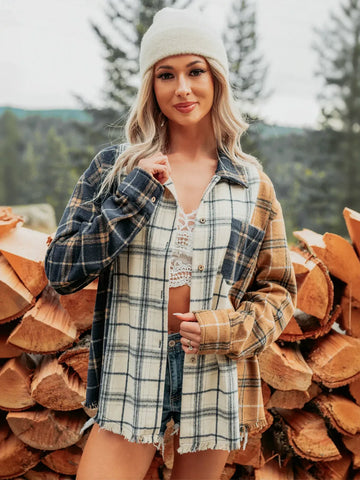 Oversized Colorblock Plaid Button Up Jacket