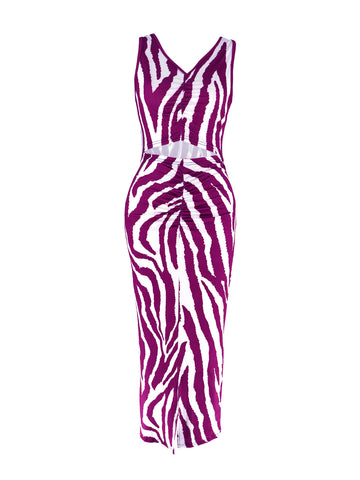 Zebra Print Ruched Cutout Midi Dress
