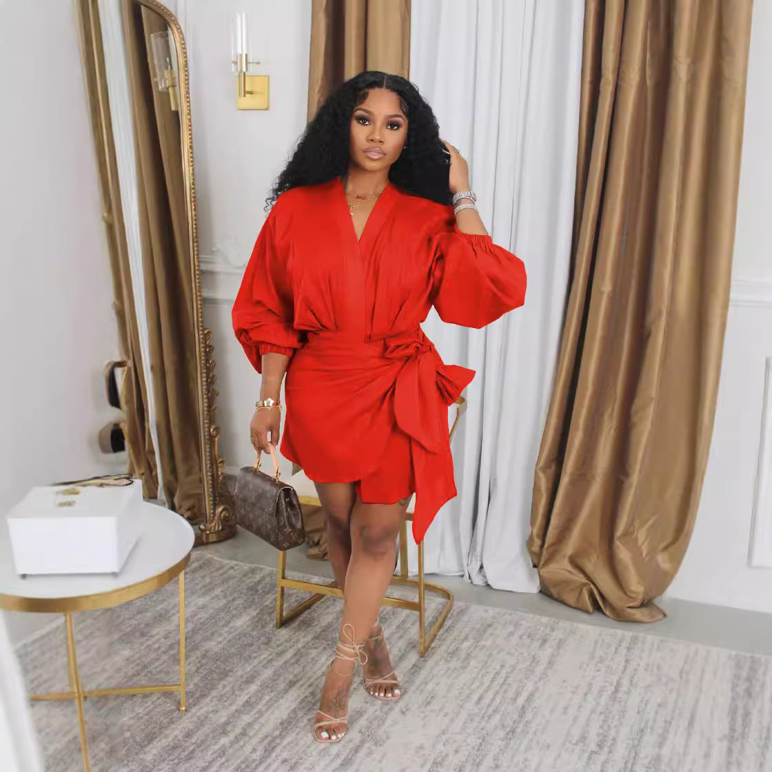 V Neck Tie Waist Mini Dress