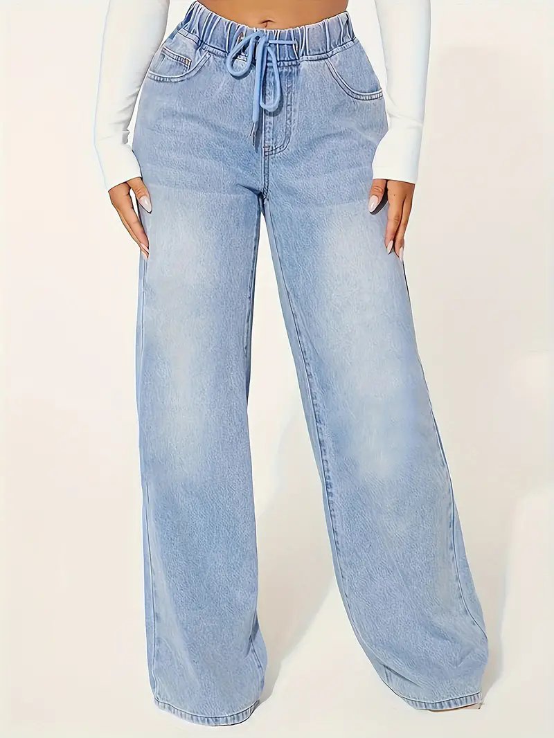 High Waisted Drawstring Wide Leg Jeans