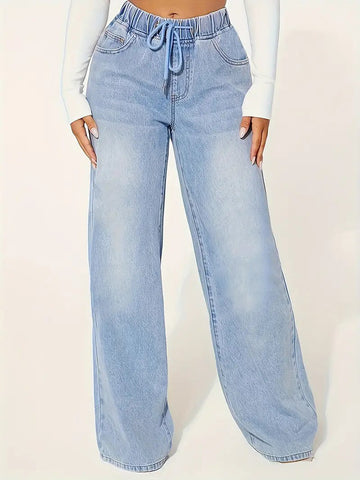 High Waisted Drawstring Wide Leg Jeans