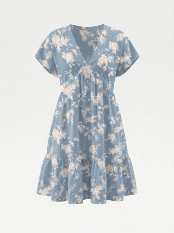 EVA Floral Print V Neck Tiered Babydoll Mini Dress
