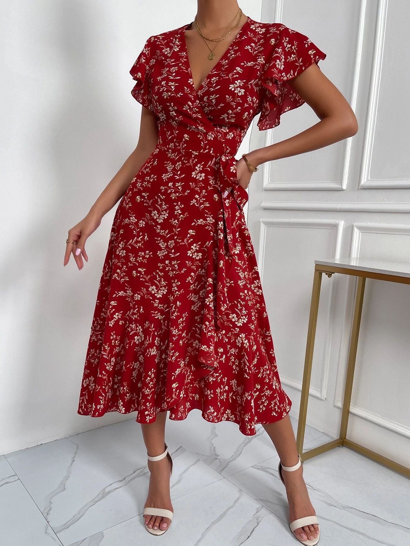 V Neck Wrap Waist Romantic Midi Dress