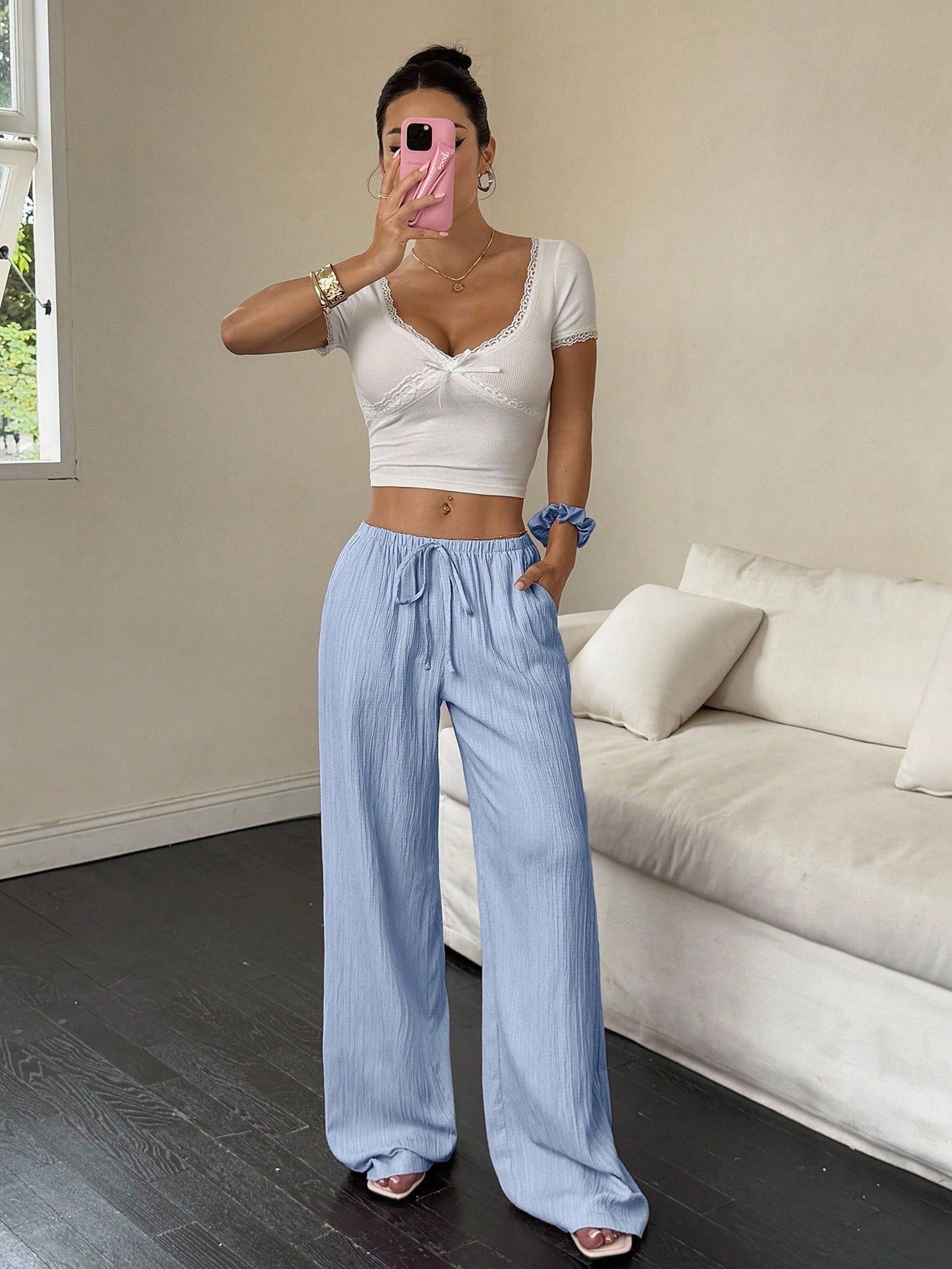 Drawstring Waist Wide-Leg Casual Pants-Multicolor