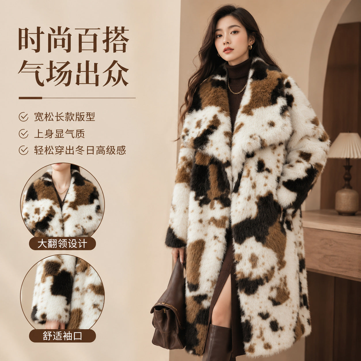 Luxurious Cow Print Faux Fur Coat
