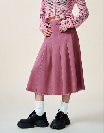 Urban Revivo Pleated Midi Denim Skirt-Cold Pink