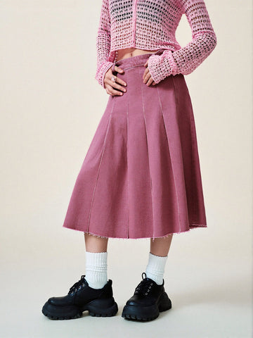 Urban Revivo Pleated Midi Denim Skirt-Cold Pink