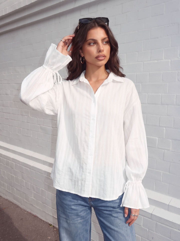 Sheer Striped Ruffle Sleeve Button Shirt