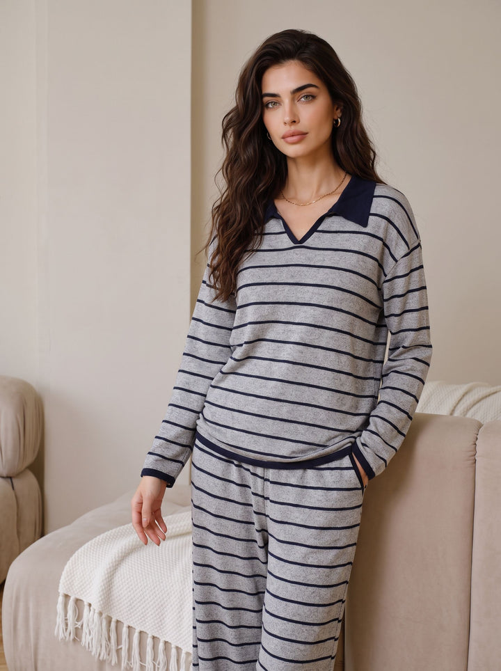Cozy Striped Collared Loungewear Pajama Set