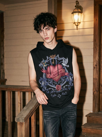 Graphic Print Hooded Sleeveless Tank Top