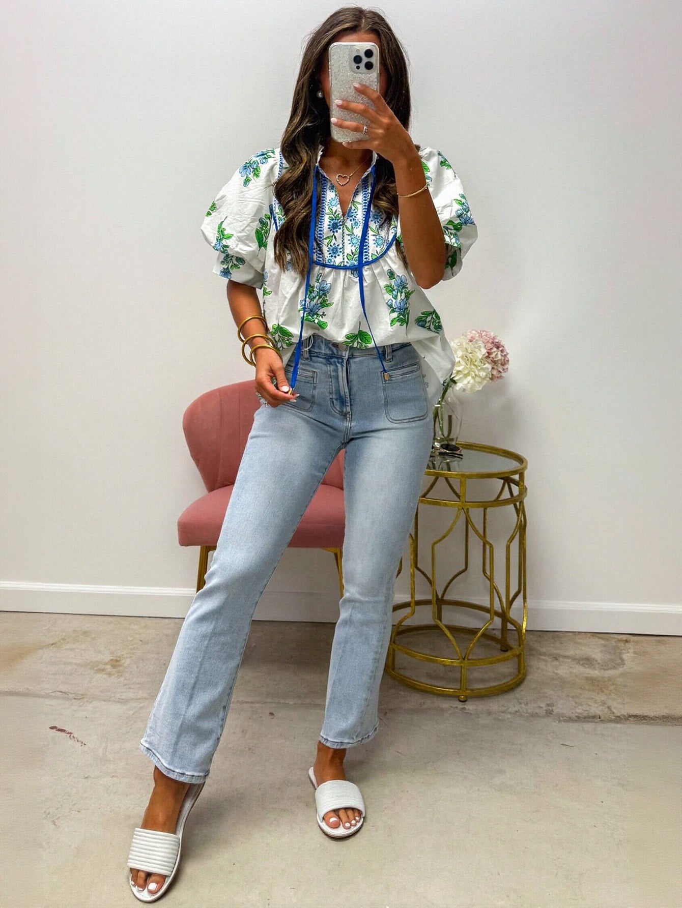 Floral Puff Sleeve Chiffon Blouse