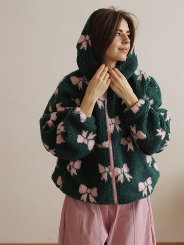 Cozy Bow Print Sherpa Jacket