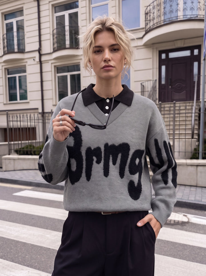 Oversized Graphic Collared Knit Pullover