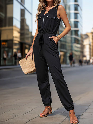 V Neck Drawstring Waist Jumpsuit