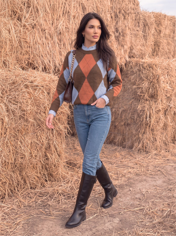 Cozy Oversized Argyle Knitted Sweater