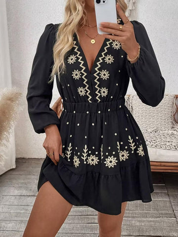Boho Embroidered V Neck Mini Dress
