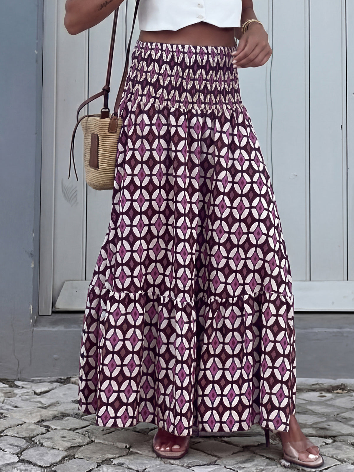 Boho Printed Smocked Waist Maxi Skirt