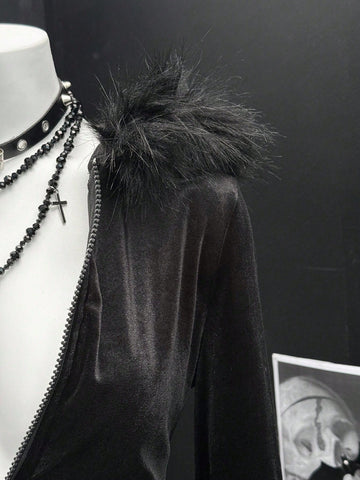 Studded Faux Fur Trim Hoodie