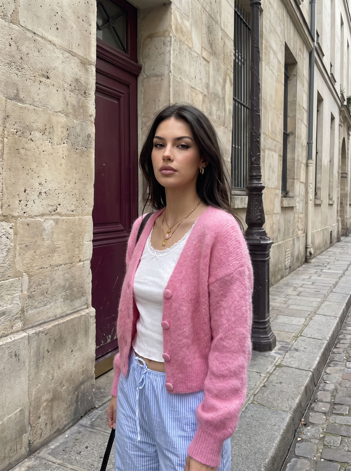 Fuzzy Pink Cropped Button Cardigan
