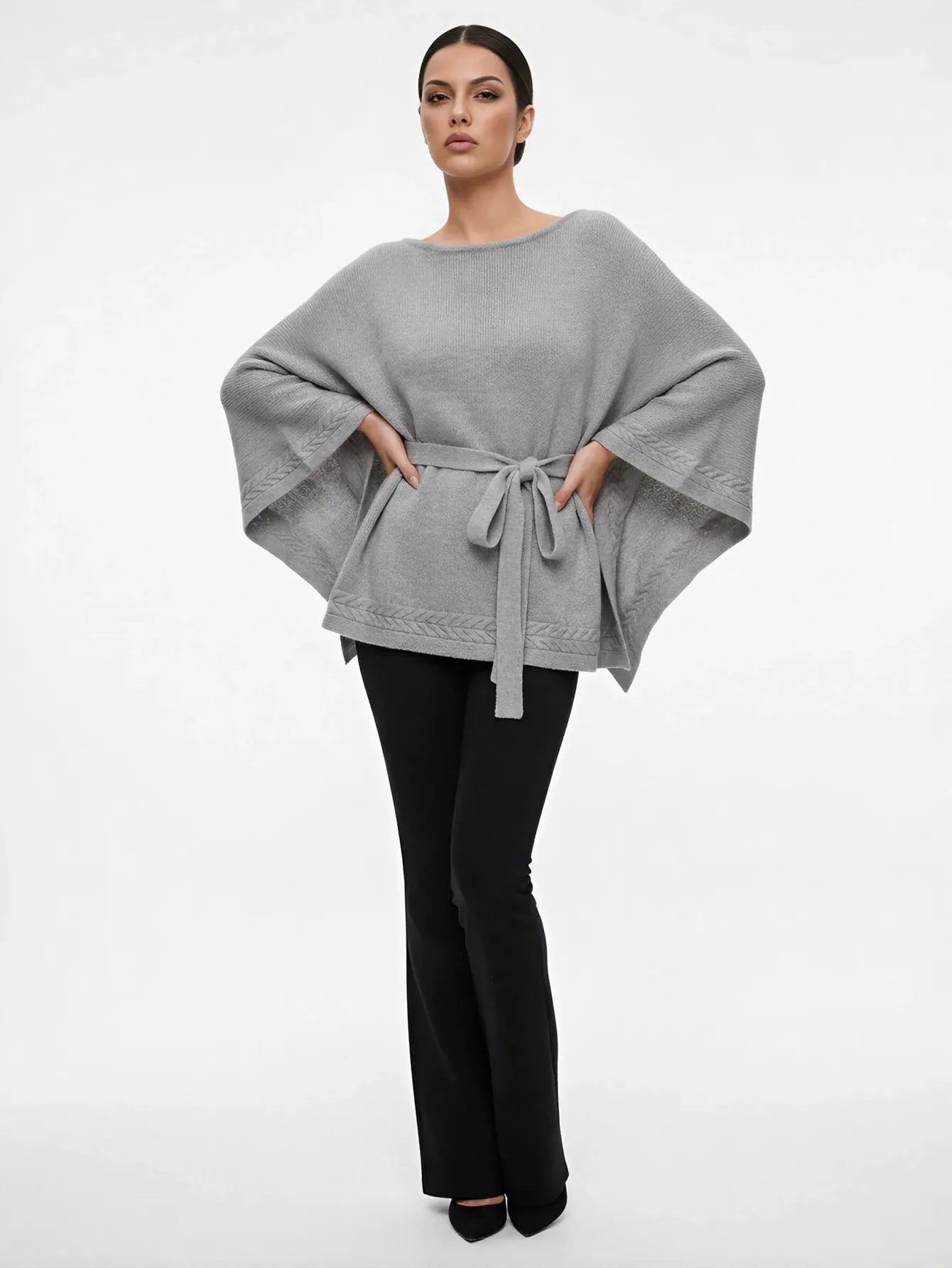 Oversized Belted Knit Poncho Sweater