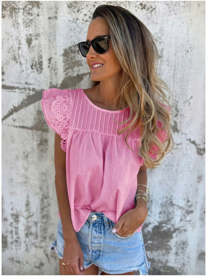 Flutter Sleeve Lace Trim Blouse