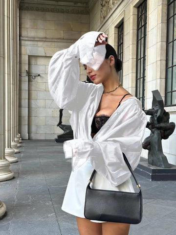 Sheer Balloon Sleeve Button Shirt