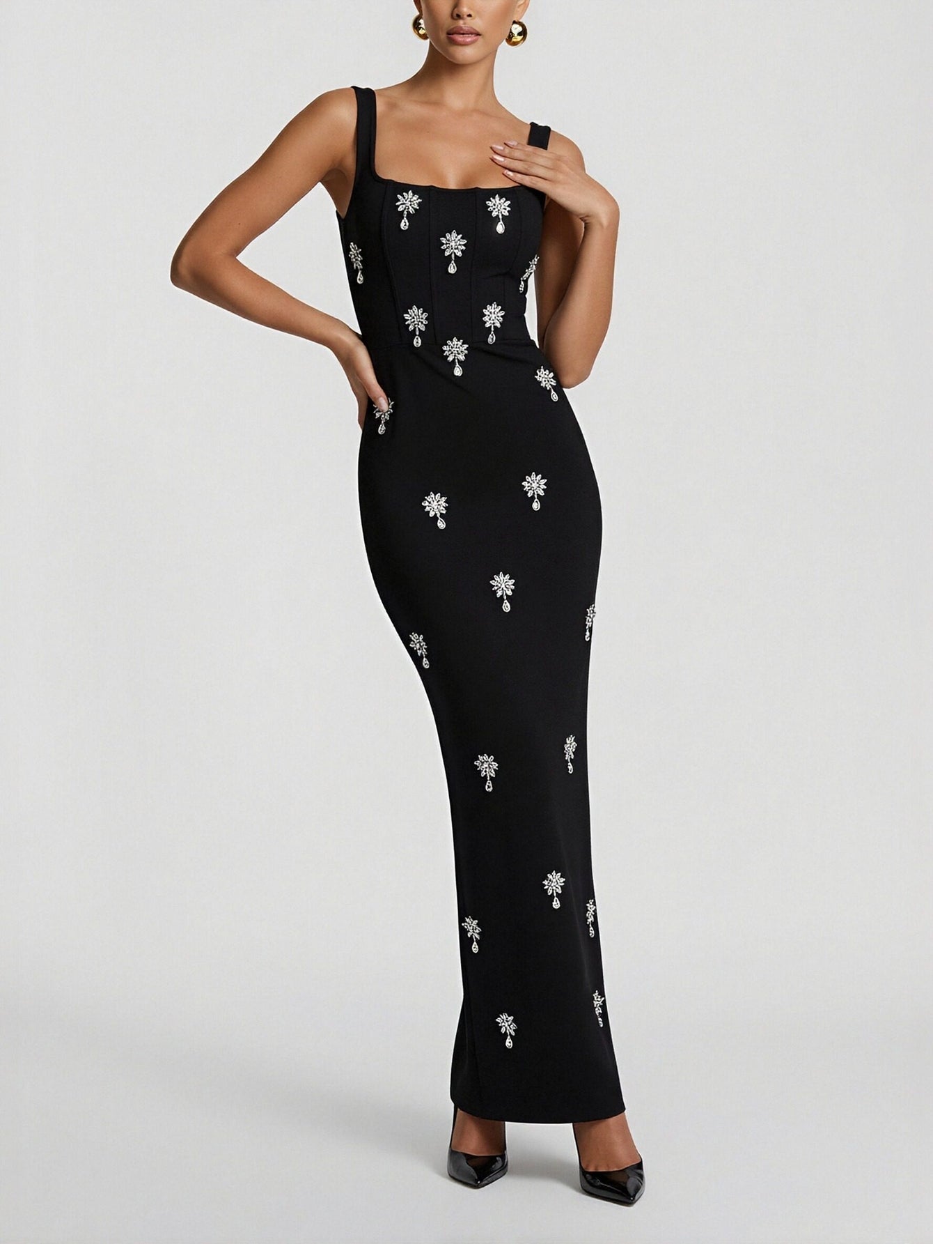 Wide-Strap Sleeveless Bodycon Evening Maxi Dress-Black