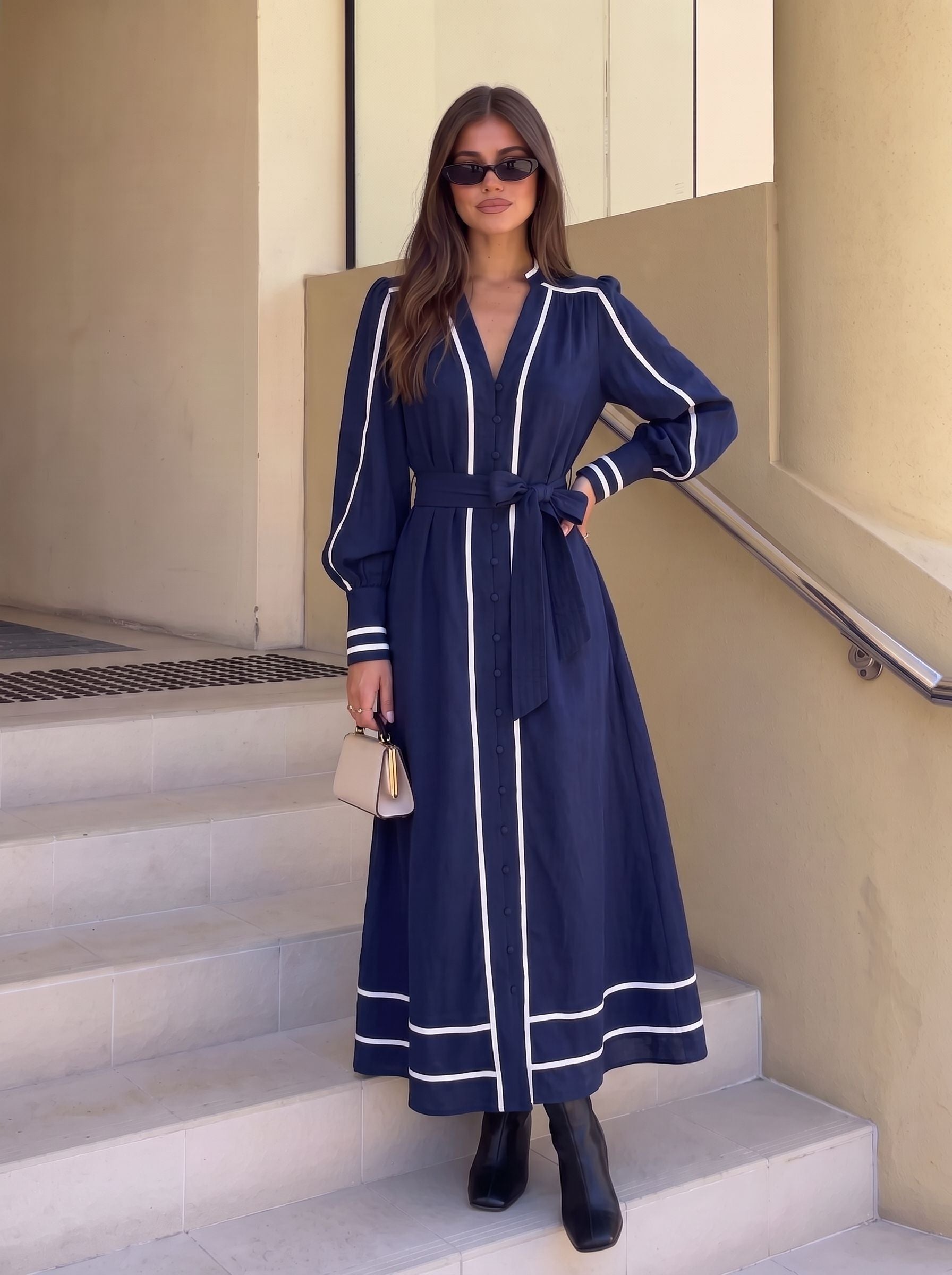 Elegant Belted Contrast Trim Maxi Dress