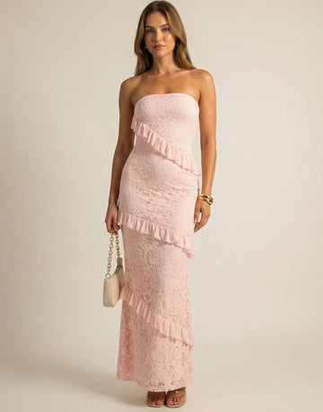 Off Shoulder Lace Tiered Vacation Maxi Dress