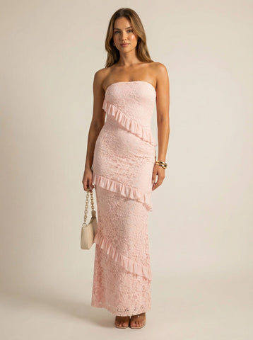 Off Shoulder Lace Tiered Vacation Maxi Dress