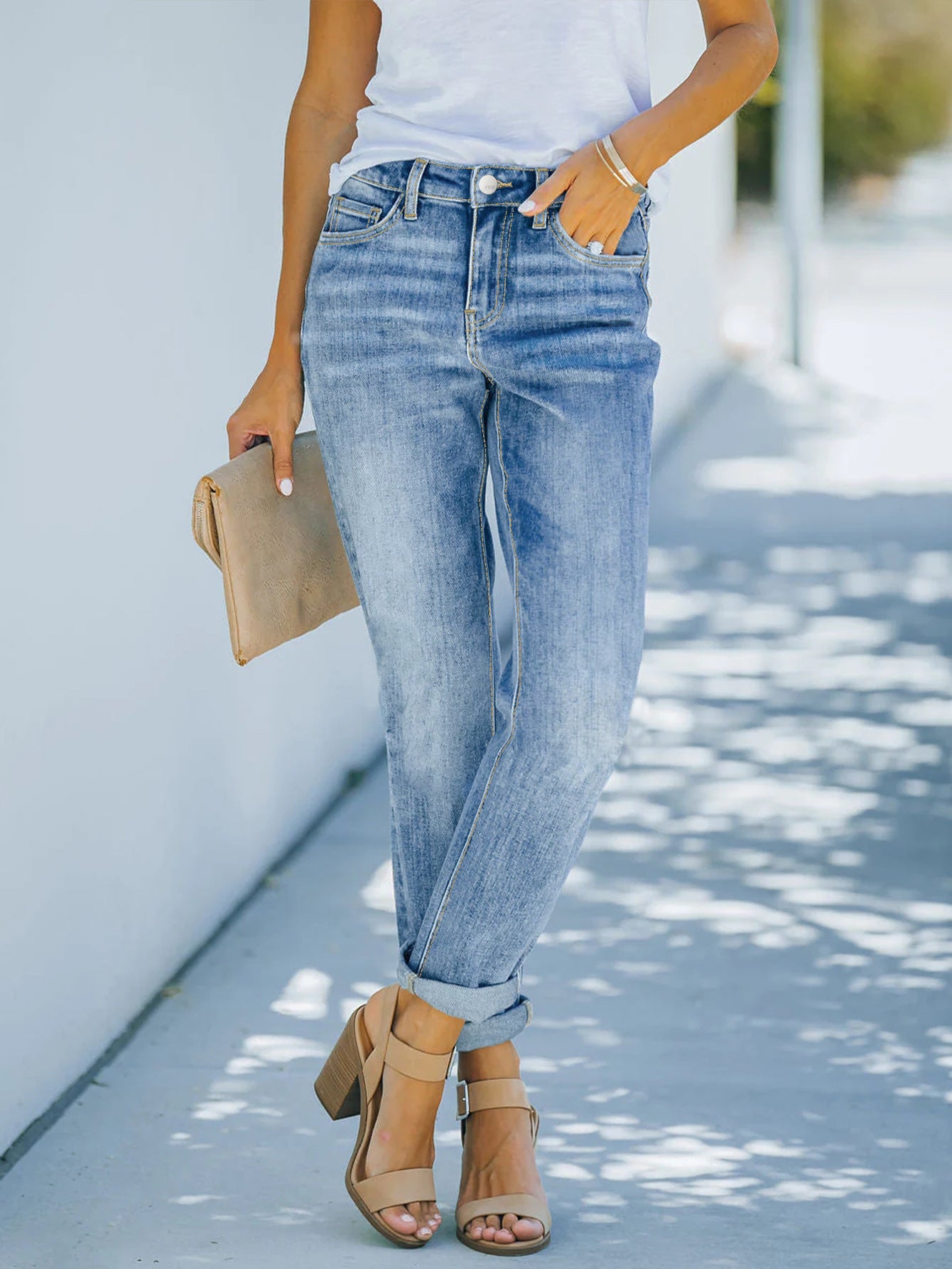 High Rise Cuffed Straight Jeans
