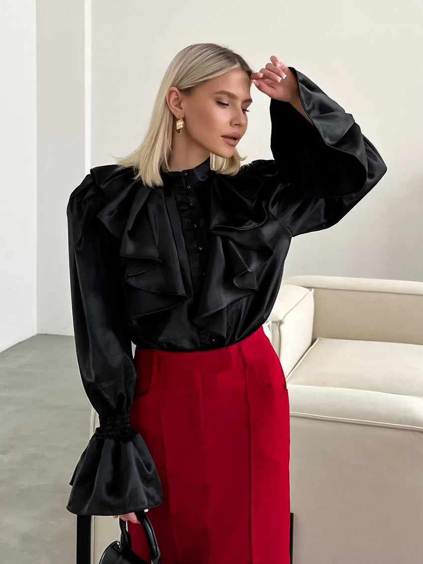 Ruffled Satin Button Down Blouse