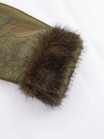 Embroidered Faux Fur Trim Coat