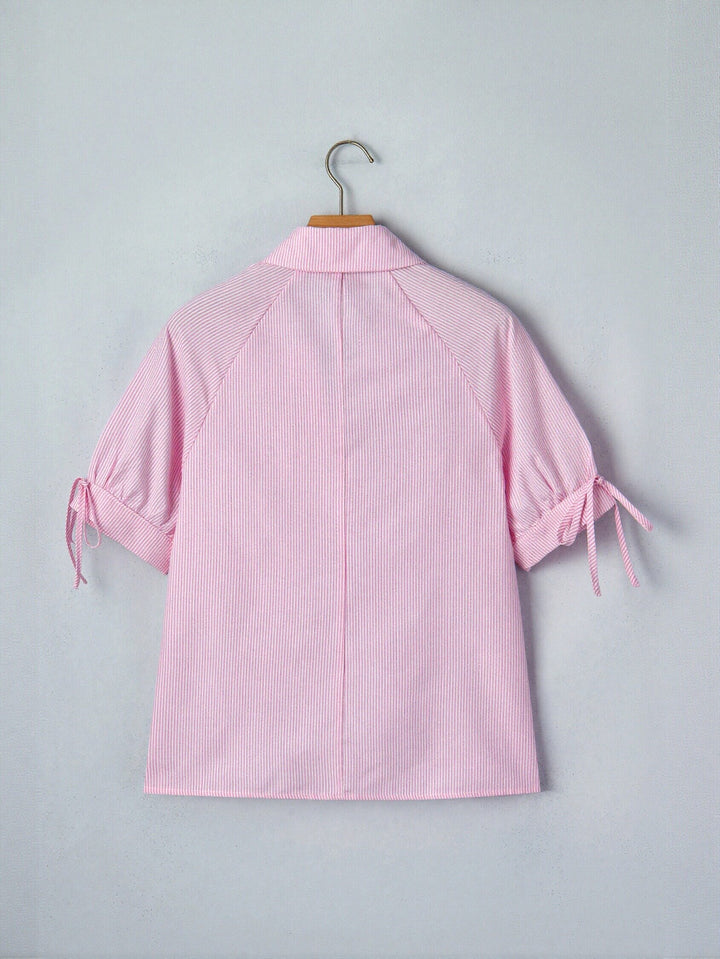 Striped V Neck Tie Sleeve Blouse