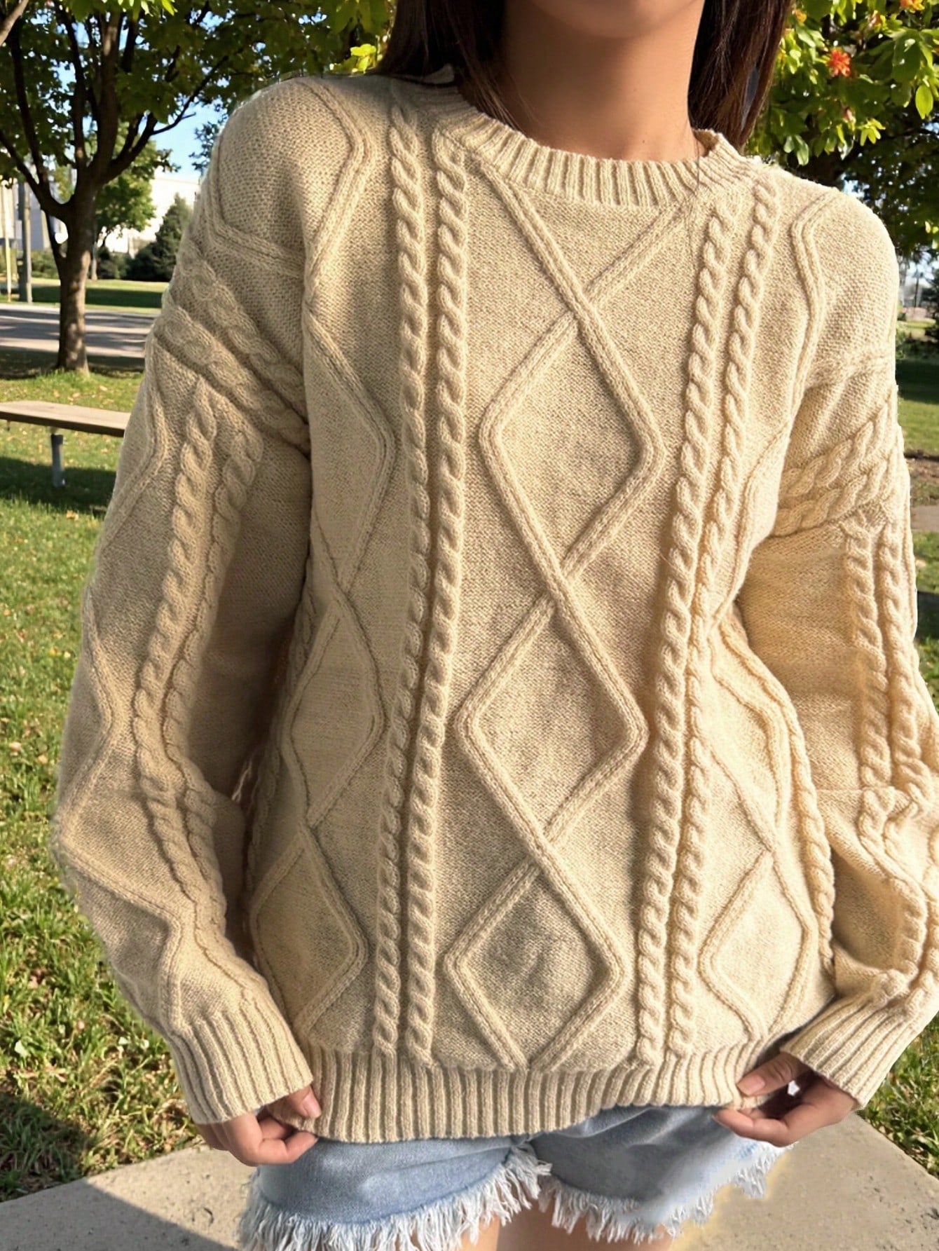 Oversized Cable Knit Crewneck Sweater
